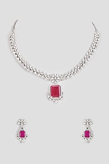 White Finish Zircon &Red Stone Necklace Set