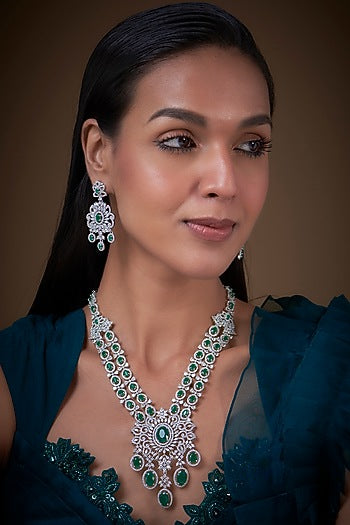 White Finish Zircon & Green Stone Necklace Set
