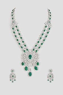 White Finish Zircon & Green Stone Necklace Set