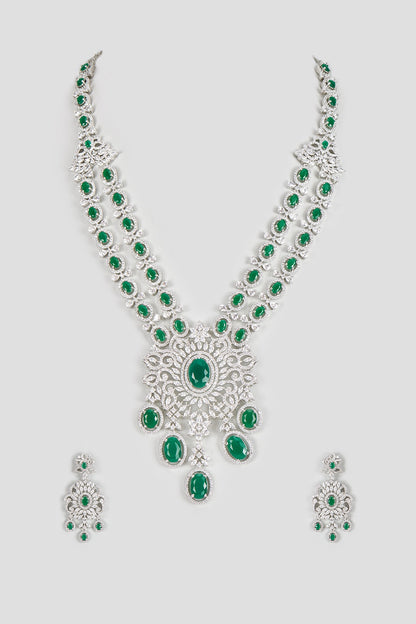White Finish Zircon & Green Stone Necklace Set