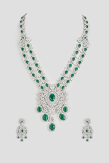 White Finish Zircon & Green Stone Necklace Set