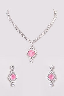 White Finish Zircon & Pink Stones Necklace Set