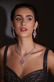 White Finish Zircon & Pink Stones Necklace Set
