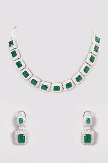 White Finish Zircon & Green Stones Necklace Set