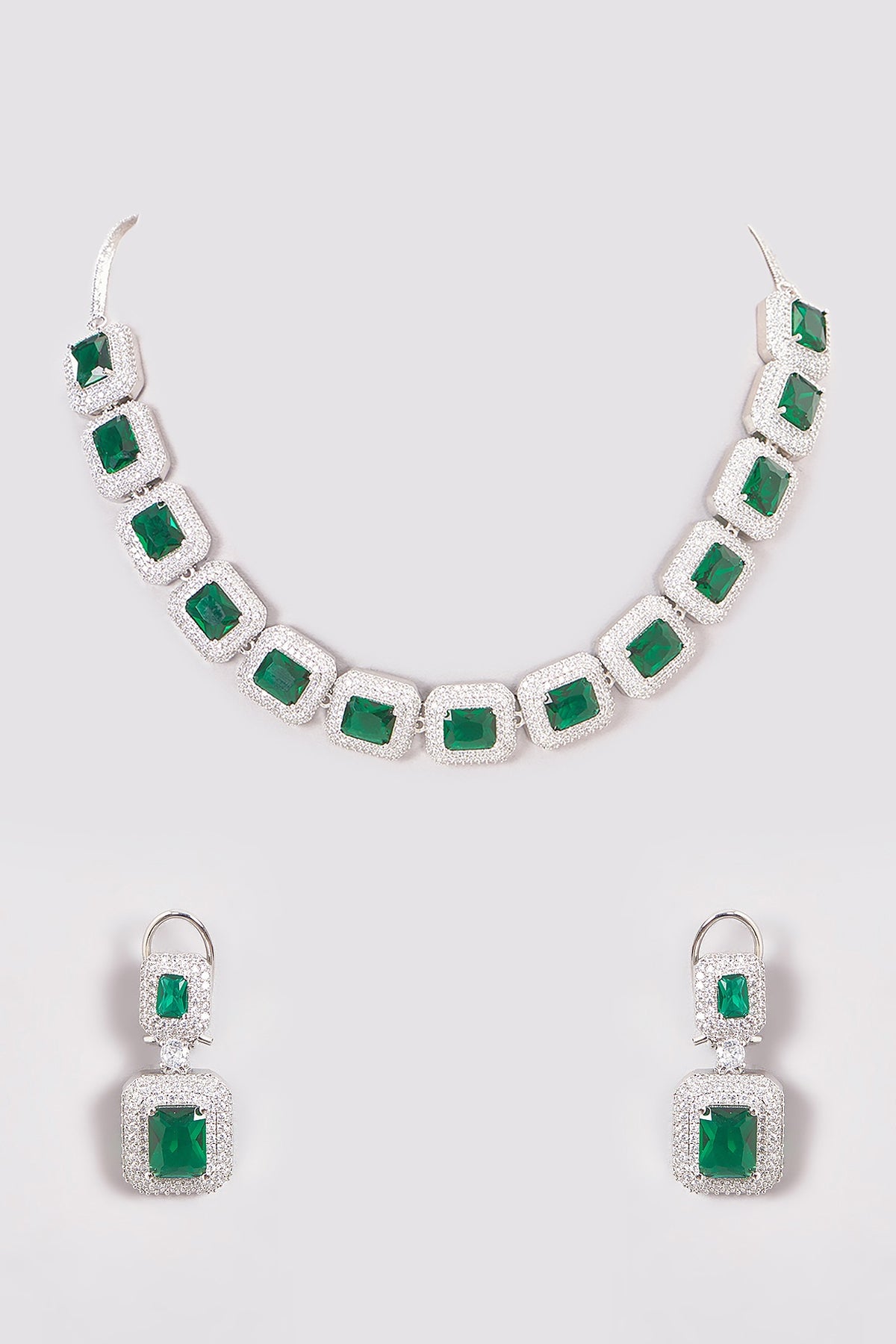 White Finish Zircon & Green Stones Necklace Set