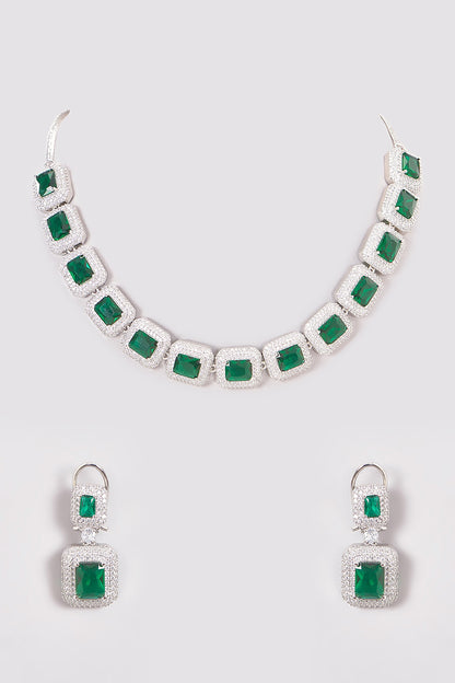 White Finish Zircon & Green Stones Necklace Set