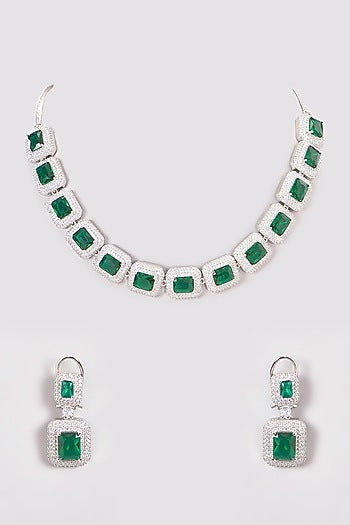 White Finish Zircon & Green Stones Necklace Set