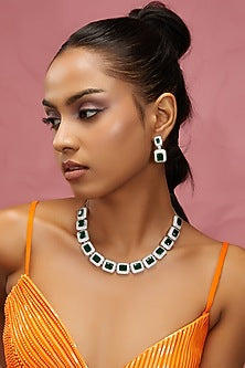 White Finish Zircon & Green Stones Necklace Set