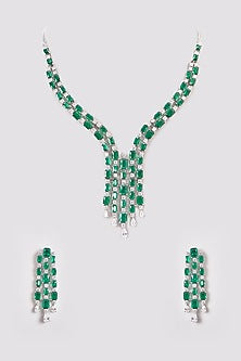 White Finish Zircon & Emerald Green Stones Necklace Set