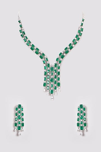 White Finish Zircon & Emerald Green Stones Necklace Set