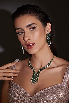 White Finish Zircon & Emerald Green Stones Necklace Set