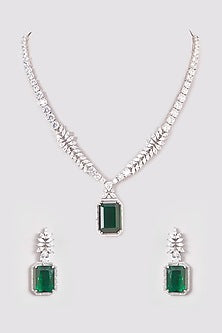 White Finish Zircon & Emerald Green Stones Long Necklace Set