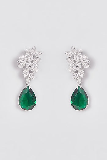 White Finish Zircon & Green Stone Dangler Earrings