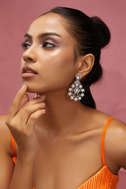 White Finish Zircon & Pearl Dangler Earrings