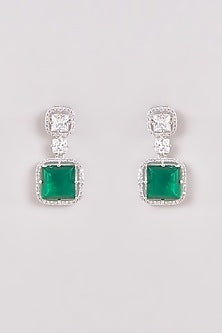 White Finish Zircon & Green Stone Dangler Earrings