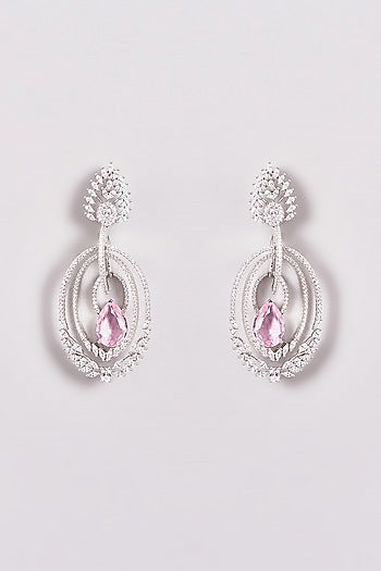 White Finish Zircon & Pink Stone Dangler Earrings