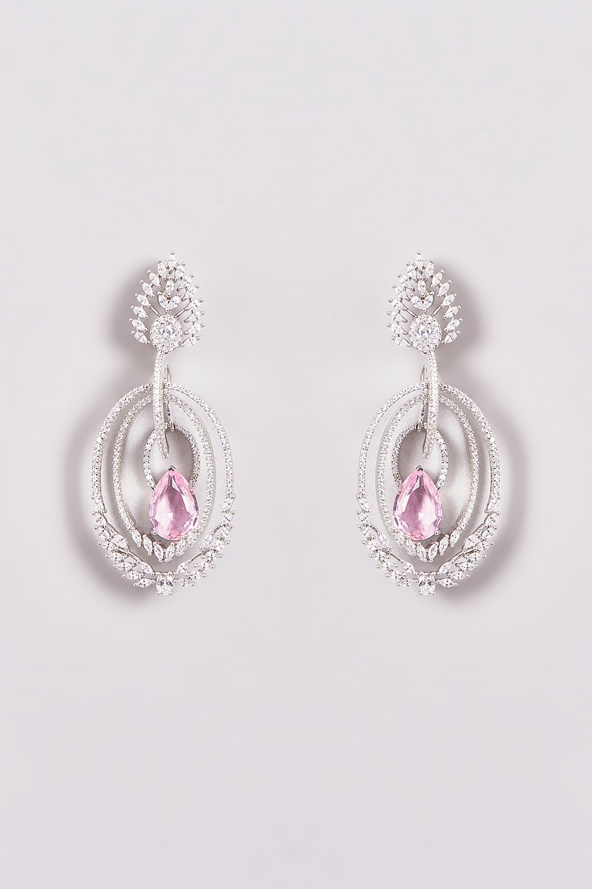 White Finish Zircon & Pink Stone Dangler Earrings
