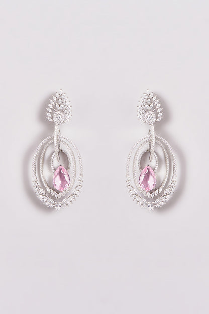 White Finish Zircon & Pink Stone Dangler Earrings