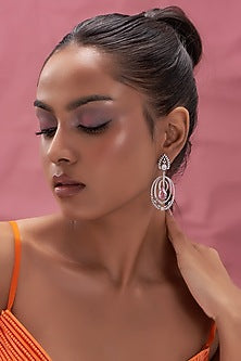 White Finish Zircon & Pink Stone Dangler Earrings