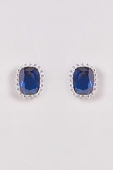 White Finish Zircon & Blue Stone Stud Earrings