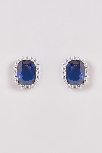 White Finish Zircon & Blue Stone Stud Earrings