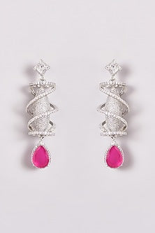 White Finish Zircon & Red Stone Dangler Earrings