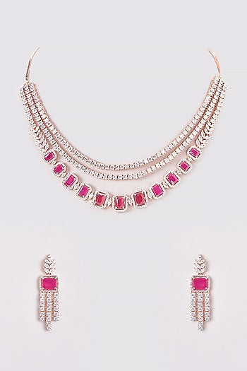 Rose Gold Finish Zircon & Red Stone Necklace Set