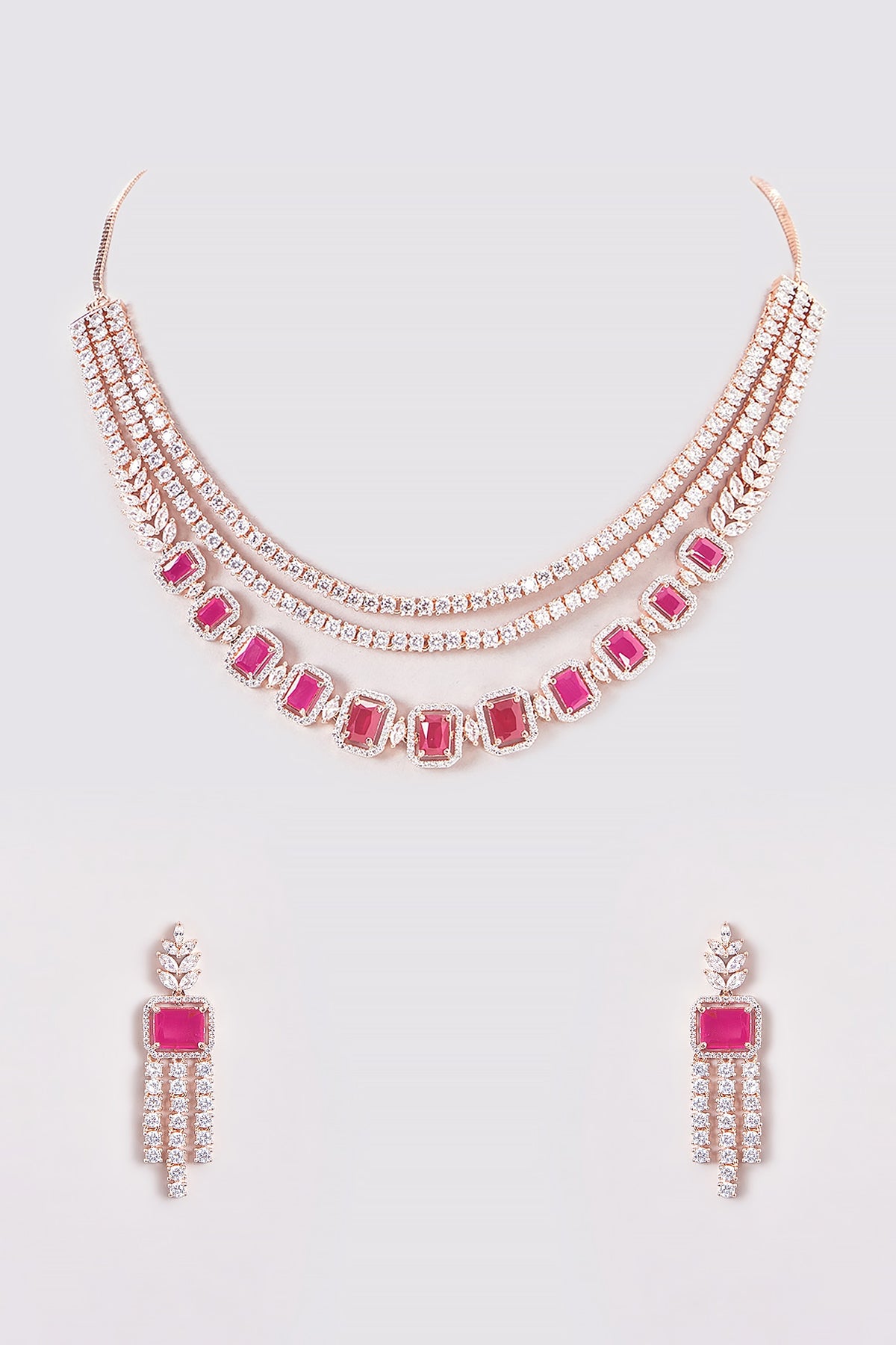 Rose Gold Finish Zircon & Red Stone Necklace Set