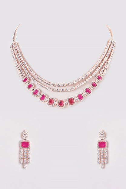 Rose Gold Finish Zircon & Red Stone Necklace Set
