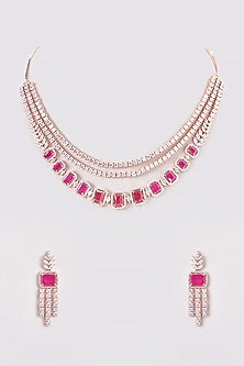 Rose Gold Finish Zircon & Red Stone Necklace Set