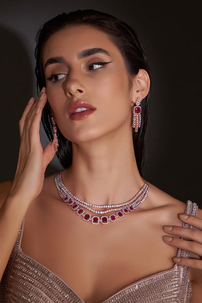 Rose Gold Finish Zircon & Red Stone Necklace Set