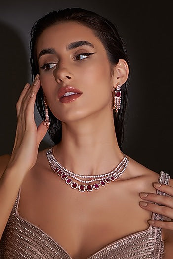 Rose Gold Finish Zircon & Red Stone Necklace Set