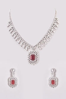 White Finish Zircon & Red Stone Necklace Set
