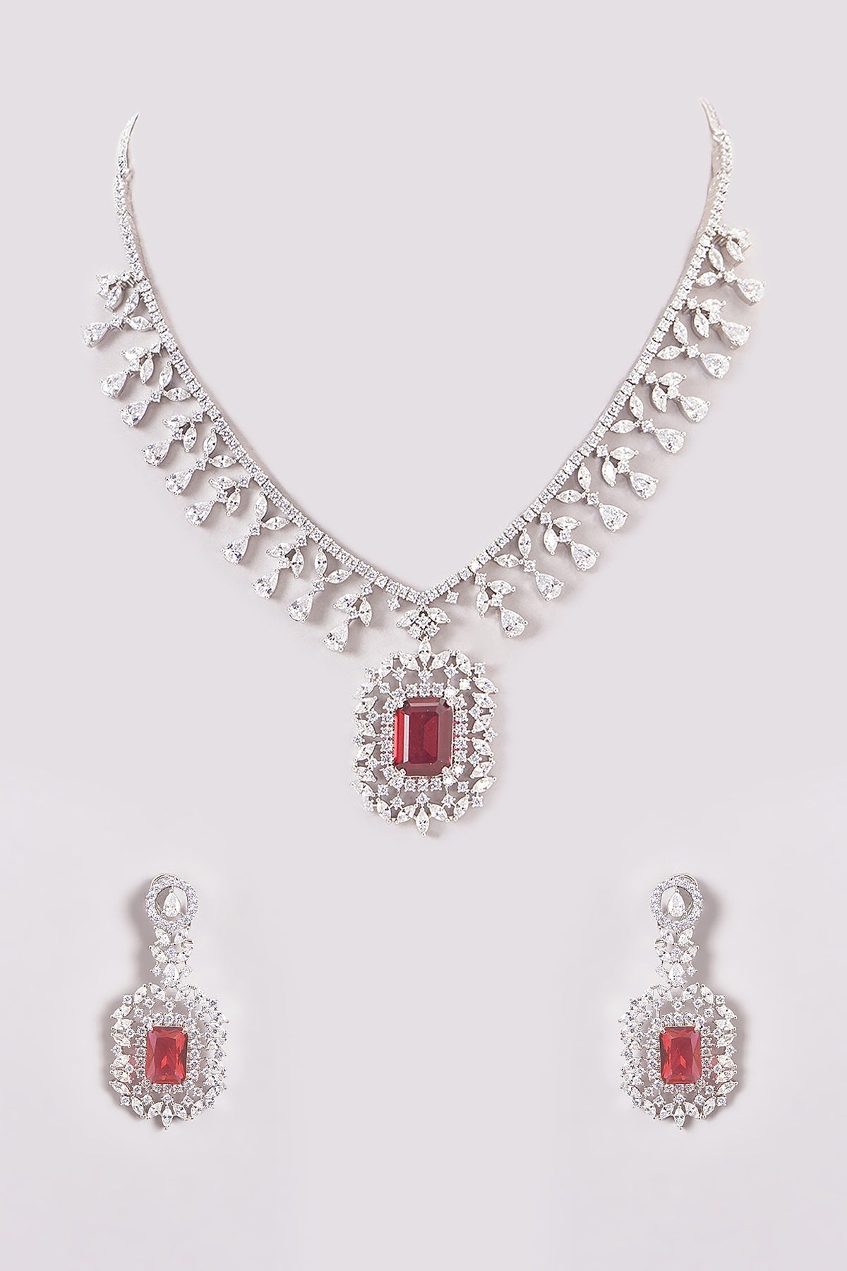 White Finish Zircon & Red Stone Necklace Set