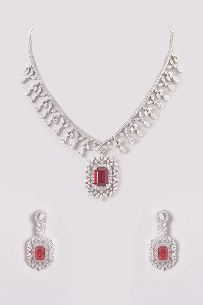 White Finish Zircon & Red Stone Necklace Set