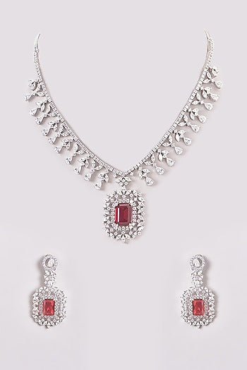 White Finish Zircon & Red Stone Necklace Set