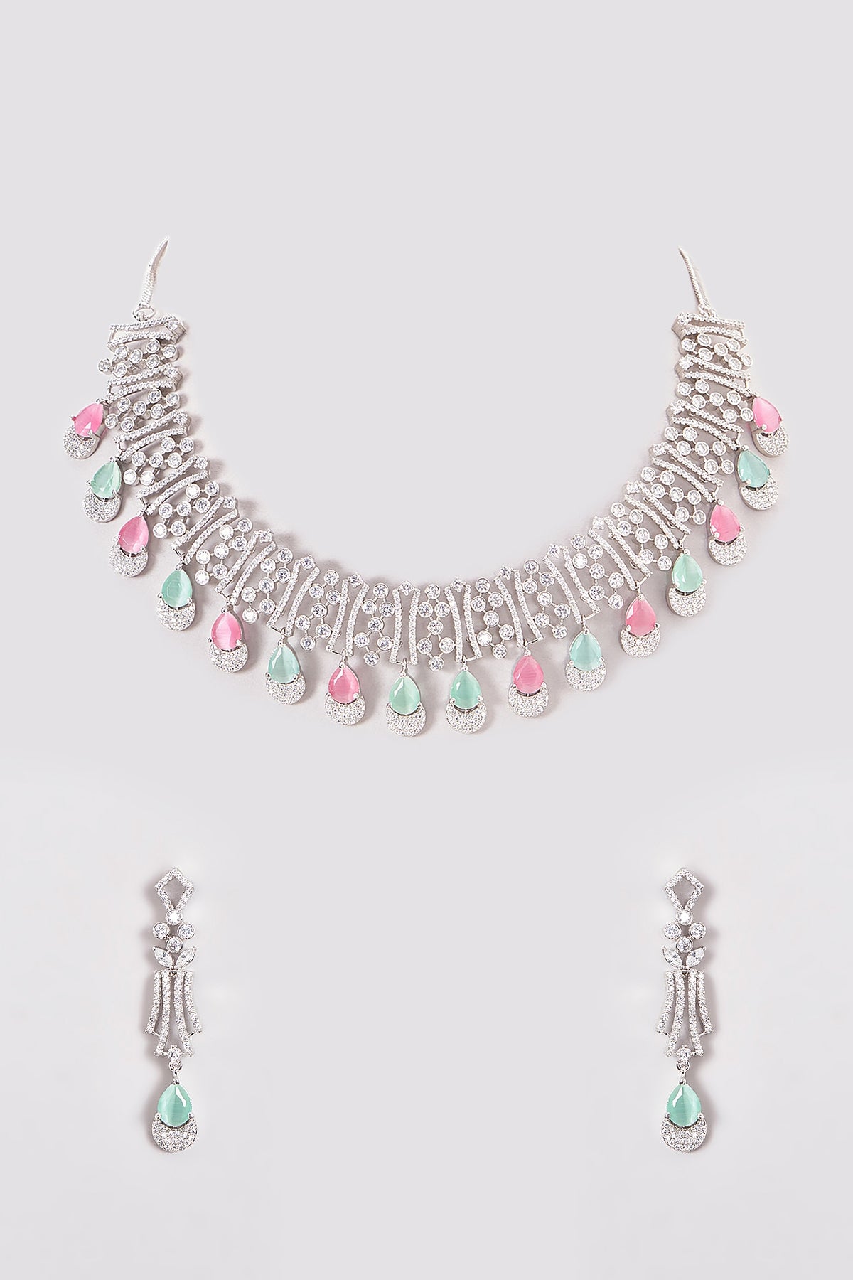 White Finish Zircon & Multi-Colored Stone Necklace Set