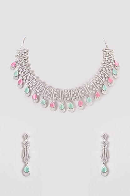 White Finish Zircon & Multi-Colored Stone Necklace Set