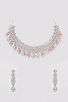 White Finish Zircon & Multi-Colored Stone Necklace Set