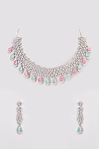White Finish Zircon & Multi-Colored Stone Necklace Set