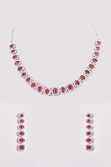 White Finish Zircon & Red Stone Necklace Set
