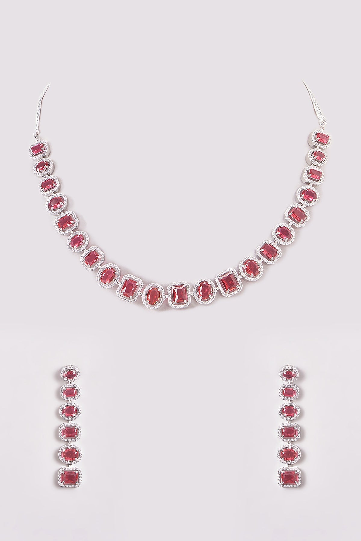 White Finish Zircon & Red Stone Necklace Set