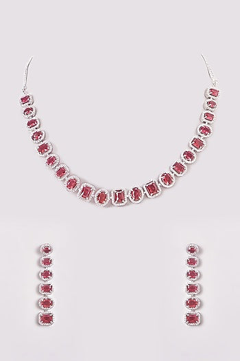 White Finish Zircon & Red Stone Necklace Set