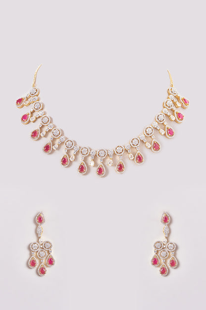 Gold Finish Zircon & Red Stone Necklace Set