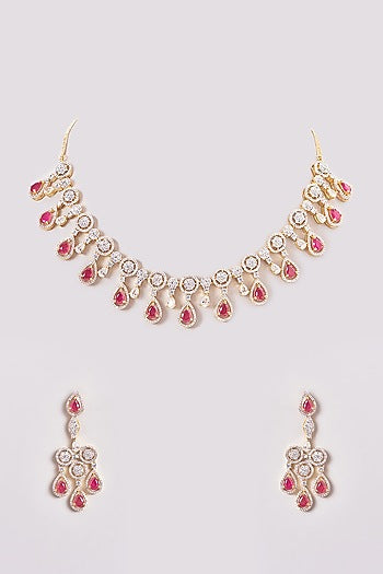 Gold Finish Zircon & Red Stone Necklace Set
