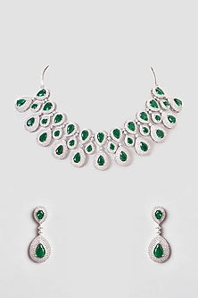 White Finish Zircon & Green Stone Necklace Set