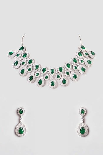 White Finish Zircon & Green Stone Necklace Set