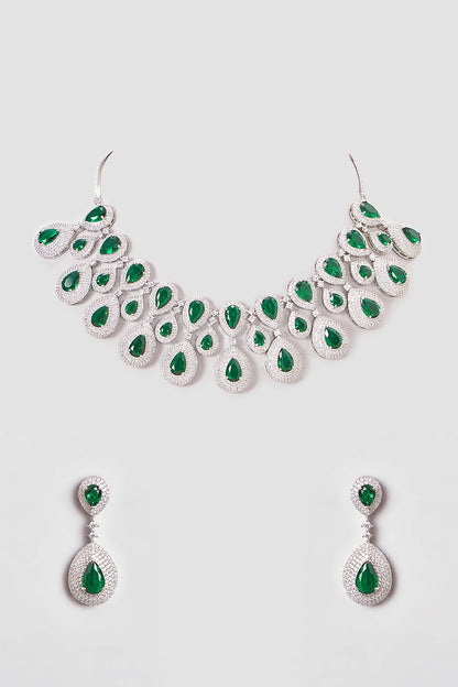White Finish Zircon & Green Stone Necklace Set