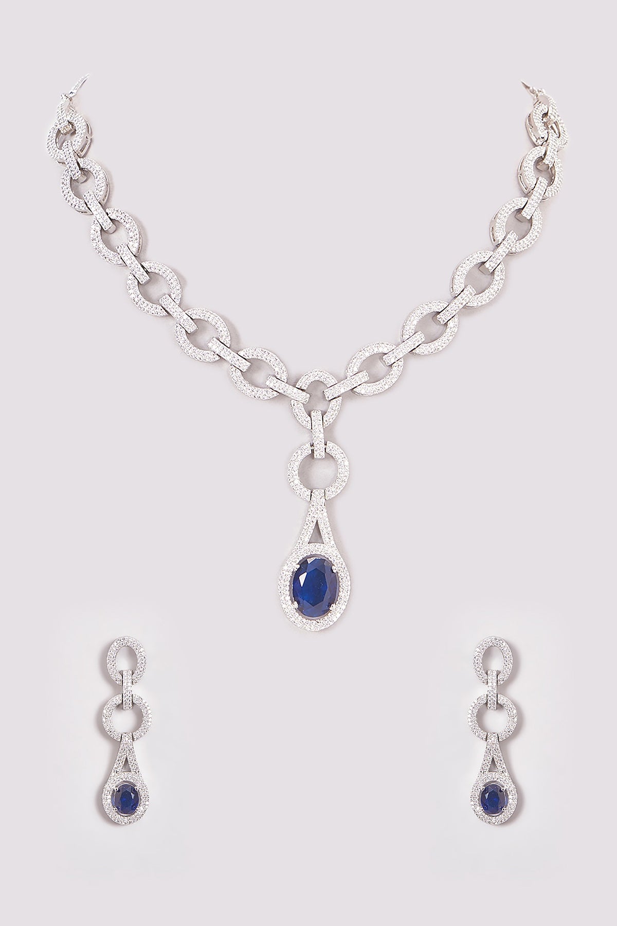 White Finish Zircon & Blue Stone Necklace Set