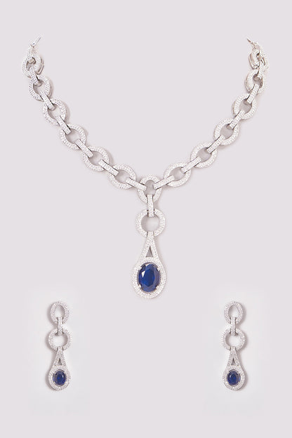 White Finish Zircon & Blue Stone Necklace Set